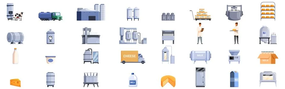 Dairy processing icons set. Milk and cheese production process from cow to .. Stock Illustration