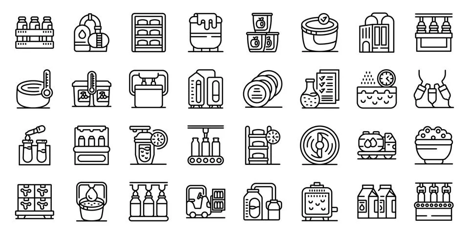 Dairy processing icons set. Milk factory processing showing bottling, packa.. Illustrazione stock