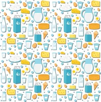 Dairy product seamless pattern. Flat style. Milk products background.  and .. Stock Illustration