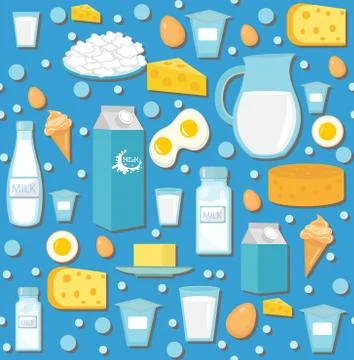 Dairy product seamless pattern. Flat style. Milk products background.  and .. Illustrazione stock
