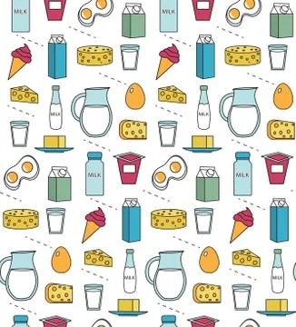 Dairy product seamless pattern. Modern, line, outline style. Milk products .. Stock-Illustration