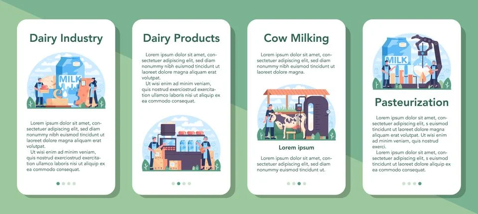 Dairy production industry mobile application banner set. Dairy natural Stock Illustration