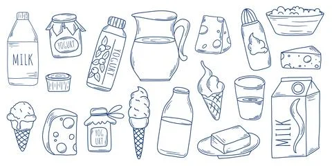 Dairy products, large set, doodle sketch style Stockillustratie