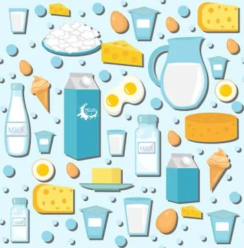 Dairy products seamless pattern with milk, cheese. Dairies background, text.. Stock Illustration