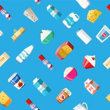 Dairy products set seamless pattern. Illustrazione stock