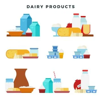 Dairy products vector set flat icons. Different traditional dairy products from Stock Illustration