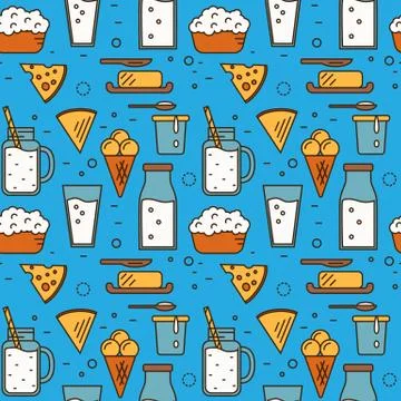 Dairy seamless pattern in line style design Stock Illustration