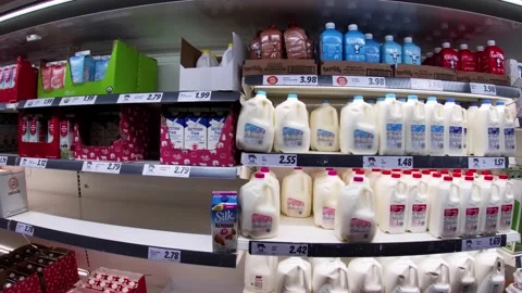 Dairy section and milk prices inside LIDL retail grocery store Stock Footage 194048923