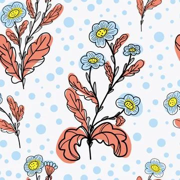 Daisies in doodle style with colored spots. Vector seamless pattern 库存插图