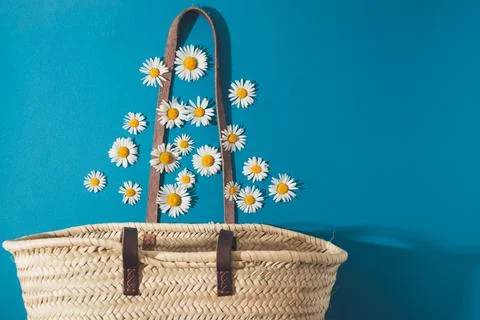 Daisies fall into a straw bag Stock Photos