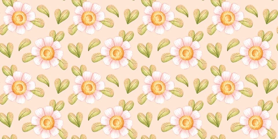 Daisies leaves peach seamless pattern Stock Illustration