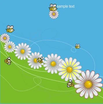 Daisies meadow with bees background Stock Illustration