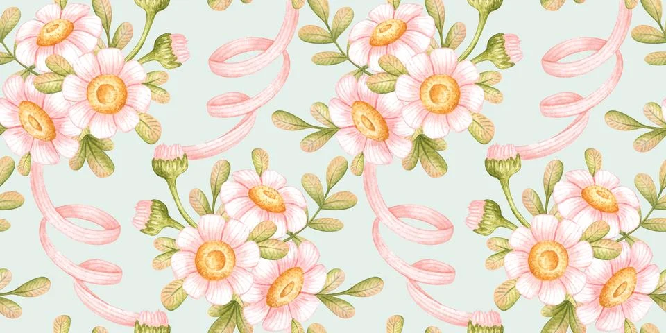 Daisies ribbons blue seamless pattern Stock Illustration