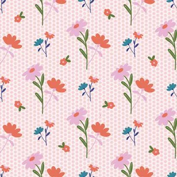 Daisy Bouquets on Polka Dot Background Seamless Pattern Stock Illustration