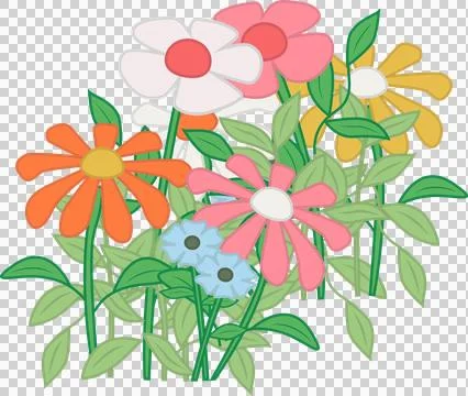 Daisy-like flat flowers are floating on transparent background with green stems Stock Illustration
