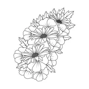 Daisy flower drawing coloring page with doodle art design in detailed line ar Stock Illustration