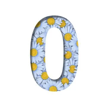 Daisy flower font. The digit zero, 0 is cut out of paper on the background of Stock Photos