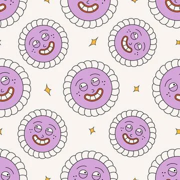 Daisy flower groovy pattern. Seamless floral Y2K print with cartoon funky Stock Illustration