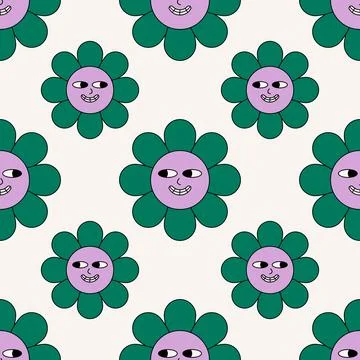 Daisy flower groovy pattern. Seamless floral Y2K print with cute funky flower Stock Illustration