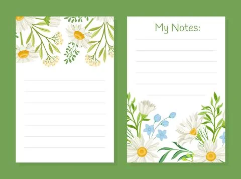 Daisy Flower Notes Card Design with Meadow Flora Vector Template Illustrazione stock