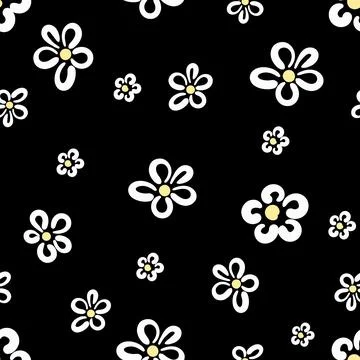 Daisy flower seamless pattern on black background illustration. Pretty white Illustrazione stock