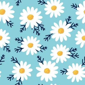 Daisy flower seamless pattern on blue background Stock Illustration