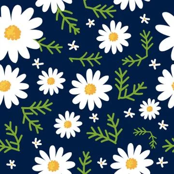 Daisy flower seamless pattern on blue background Stock Illustration