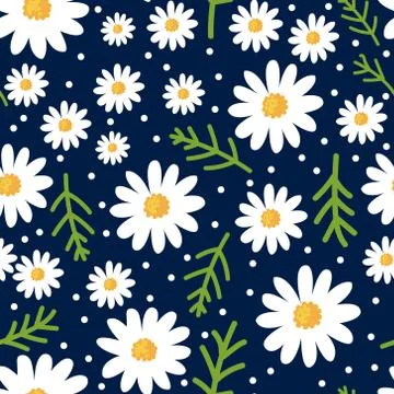 Daisy flower seamless pattern on blue background Stock Illustration