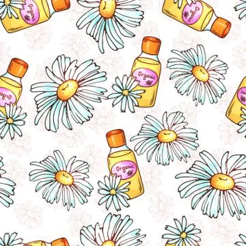 Daisy flower seamless pattern. Spa cosmetics illustration. Hand drawn beauty and Stock Illustration