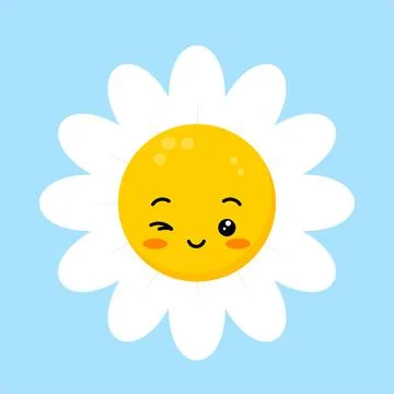 Daisy flower winking face happy cute character. Stock Illustration