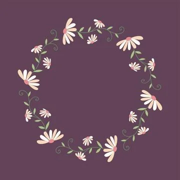 Daisy flower wreath vector flat hand drawn style botanical border circular Stock Illustration