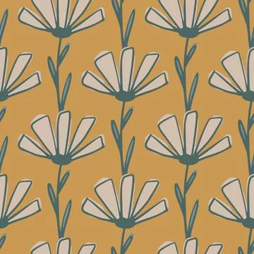 Daisy flowers doodle seamless pattern in pale tones. Orange background. Natur Illustrazione stock