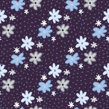 Daisy flowers silhouettes seamless pattern. Dark blue background and pastel b Illustrazione stock