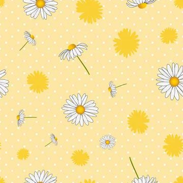 Daisy flowers vector seamless pattern on yellow background with polka dots Stock Illustration