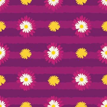 Daisy flowers vector seamless pattern on purple stripes Stock Illustration