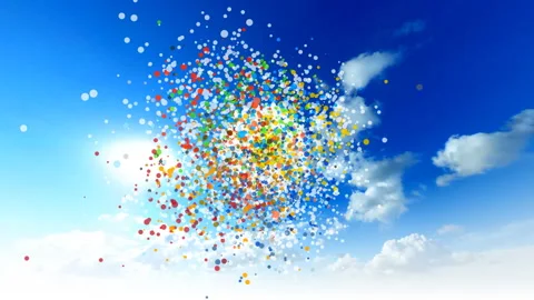 Daisy Petal Confetti Explosion Against Bright Blue Sky With Fluffy Clouds Stock Footage 330172280