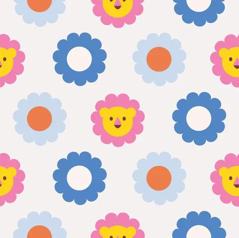 Daisy polka dot seamless pattern with bright circles and lion cute face. Illustrazione stock