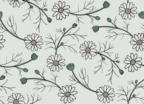 Daisy Seamless Pattern. Black contour on white background. Simple vector Stock Illustration