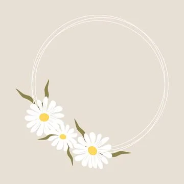 Daisy thin line frame circle wreath, border with flowers and leaves isolated Stock Illustration