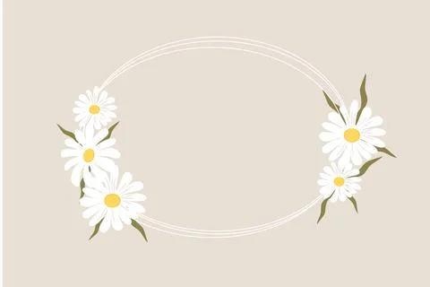 Daisy thin line frame oval wreath, border with flowers and leaves isolated Stock Illustration