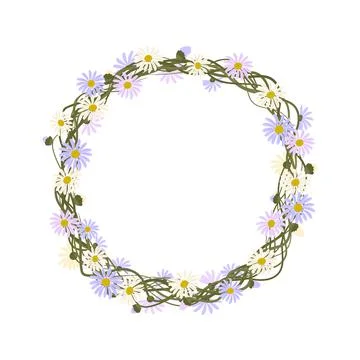 Daisy wreath. Round frame, cute purple and white flowers chamomile with yellow Illustrazione stock