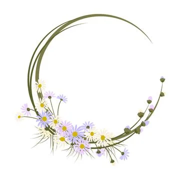 Daisy wreath. Round frame, cute purple and white flowers chamomile with yellow Stock Illustration