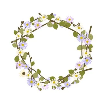 Daisy wreath. Round frame, cute purple and white flowers chamomile with yellow Stock Illustration