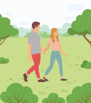 Daiting on fresh air, teens walks in park. People strool the forest. Outdoor Stock Illustration