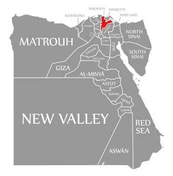 Dakahlia red highlighted in map of Egypt Illustrazione stock