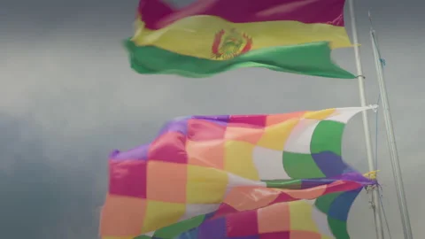 Dakar World Flags, as the Andes and Bolivian Flagss at Uyuni Salar, Bolivia. Stock Footage 136329344