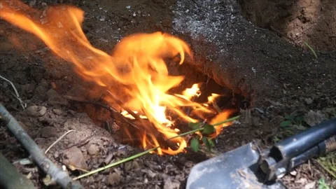 Dakota Fire Hole, Underground Campfire in Woodland Stock Footage 109679675
