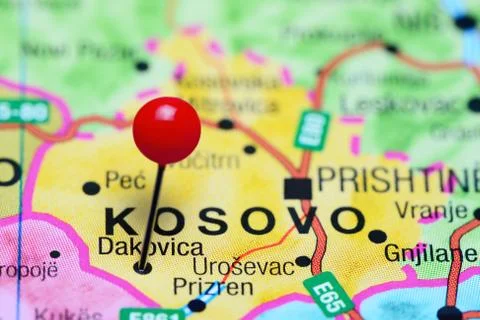 Dakovica pinned on a map of Kosovo Stock Photos