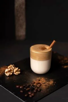 Dalgona coffee with cinnamon Stock Photos