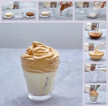 Dalgona coffee. Collage of step by step cooking. The new Korean trend in drinks. Stock Photos